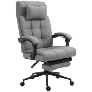 Ergonomisk Kontorsstol med Fotstöd, Höj- och Sänkbar Snurrstol i Linnetyg, Bekväm Skrivbordsstol med Ländkudde, Grå, 66 x 70 x 116-124 cm