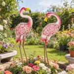 Trädgårdsfigurer Flamingo 2 Pack Röd Metall för Trädgård och Damm Dekorativa Fågelstatyer med Blomstermönster Väderbeständig Konst med Markankare