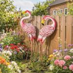Trädgårdsfigurer Flamingo 2 Pack Röd Metall för Trädgård och Damm Dekorativa Fågelstatyer med Blomstermönster Väderbeständig Konst med Markankare