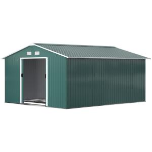 Verktygsbod Trädgårdsbod med Taktak Mörkgrön av Galvaniserat Stål för Trädgård Skjul med Skjutdörr och Grund 12,4 m² 340 x 386 x 200 cm