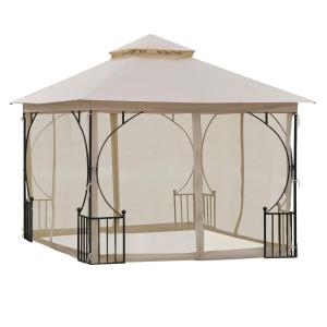 Trädgårdstält med Dubbeltak Myggnät och Sidoväggar Ventilationsluckor Polyester Beige Svart 295 X 295 X 275 Cm