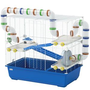Hamsterbur Gnagarbur 4-Vånings Bur Blå av Metall och Plast för Dvärghamstrar och Möss Komplett Smådjursbur 78 x 45 x 73 cm