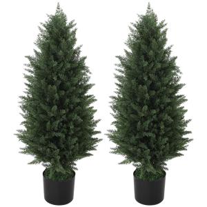 Set med 2 Konstgjorda Cypresser 90 cm med 831 Löv och Cementkruka, UV-beständig, Grön