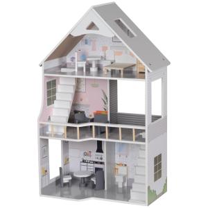 Dockhus Trähus Grå av Trä för Barn 3-6 År 3 Våningar Lekstuga med 13 Möbler 85,3 cm