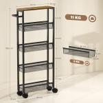 Rullvagn Kök Smal Svart Metall för Kök och Badrum Serveringsvagn med 5 Hyllplan och Handtag Praktisk Förvaring på Hjul 47 × 13 × 97 cm