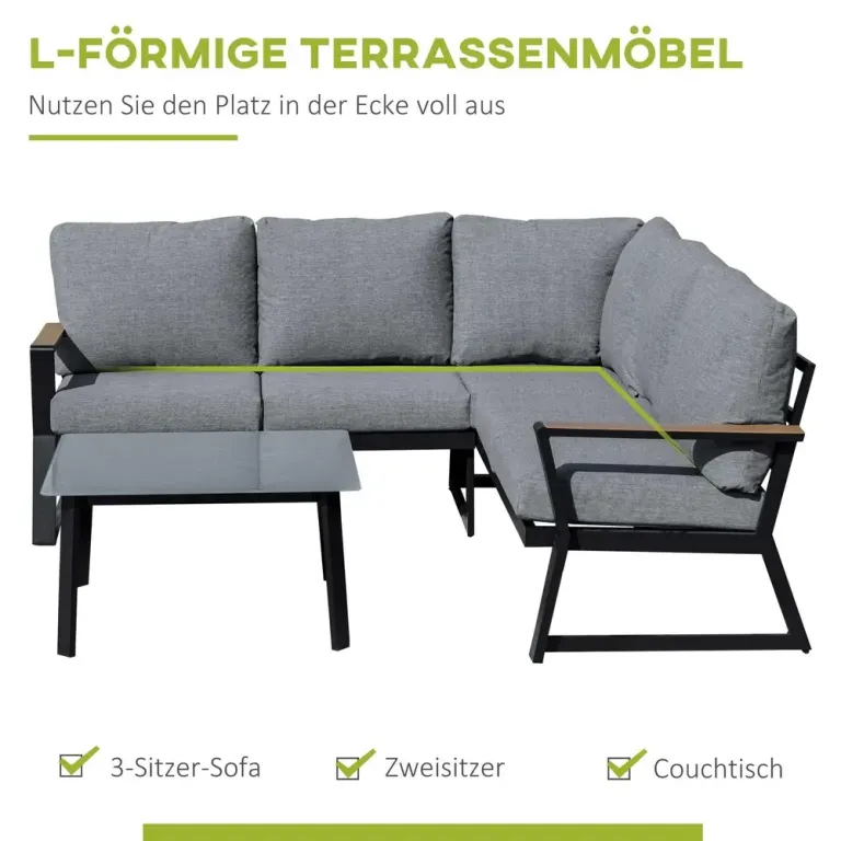 Loungegrupp i Aluminium 4 Delar Utemöbel med L-soffa
