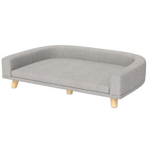 Hundsoffa Husdjursbädd Grå av Trä och Tyg för Stora Hundar Upphöjd Soffa med Kudde 98 x 67 x 25 cm