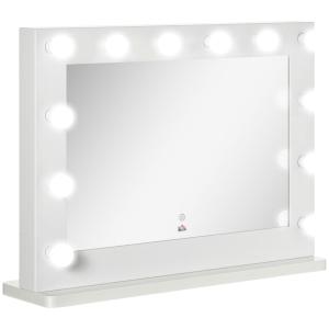 Hollywoodspegel Sminkspegel Vit av Glas och Metall för Sovrum med Belysning 12 Dimbara LED Lampor och Touchknapp Minnesfunktion 80 x 60 cm