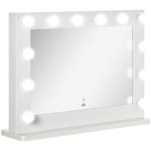 Hollywoodspegel Sminkspegel Vit av Glas och Metall för Sovrum med Belysning 12 Dimbara LED Lampor och Touchknapp Minnesfunktion 80 x 60 cm