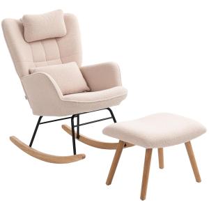 Gungstol med Fotpall, Mjukt Fleeceöverdrag, Träben, Kudde och Hög Rygg, Beige