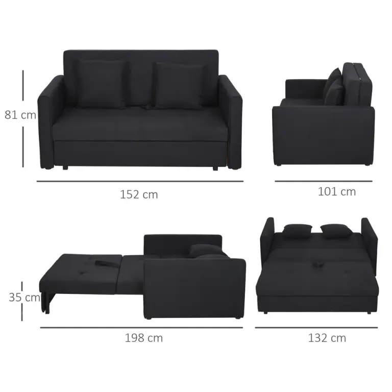 Bäddsoffa 2-Sits Soffa Kolgrå 152 x 101 x 81 cm