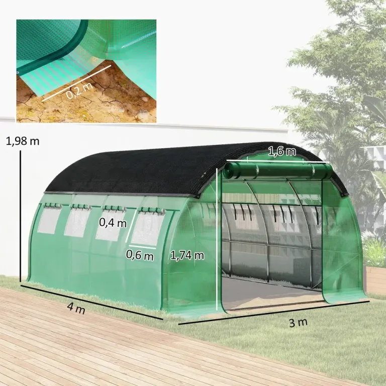 Växthus Filmtunnel 8 Fönster Grön av PE 4 x 3 x 2 m