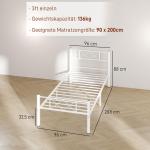Sängstomme Enkelsängsram för Madrass Vit av Stål för Sovrum och Gästrum Hög Sängram 200 x 90 cm