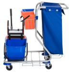 Städvagn 4 Hinkar Torkarvagn Systemvagn med Hjul Professionell Rengöringsutrustning Blå Orange 100 X 70 X 103 Cm