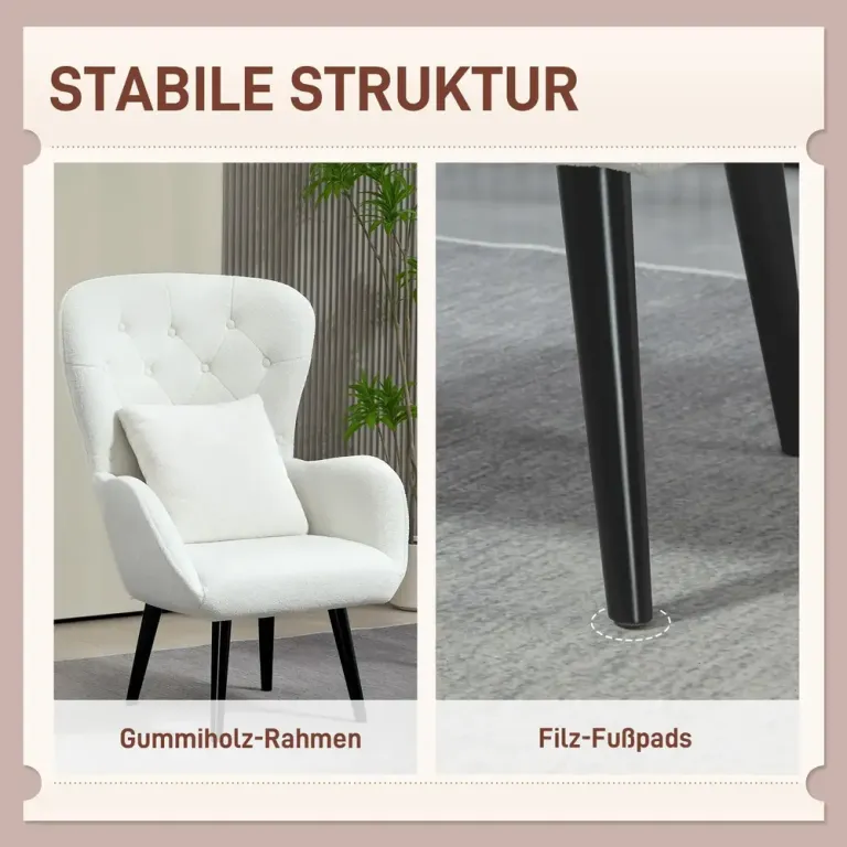 Fåtölj Loungestol med Svankkudde Vit av Teddytyg och Trä
