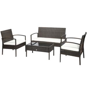 Loungegrupp i Konstrotting 4 Personer, Bekväm Utemöbel med Soffa och Bord, Inkluderar Dynor för Avkoppling, Brun/Krämvit