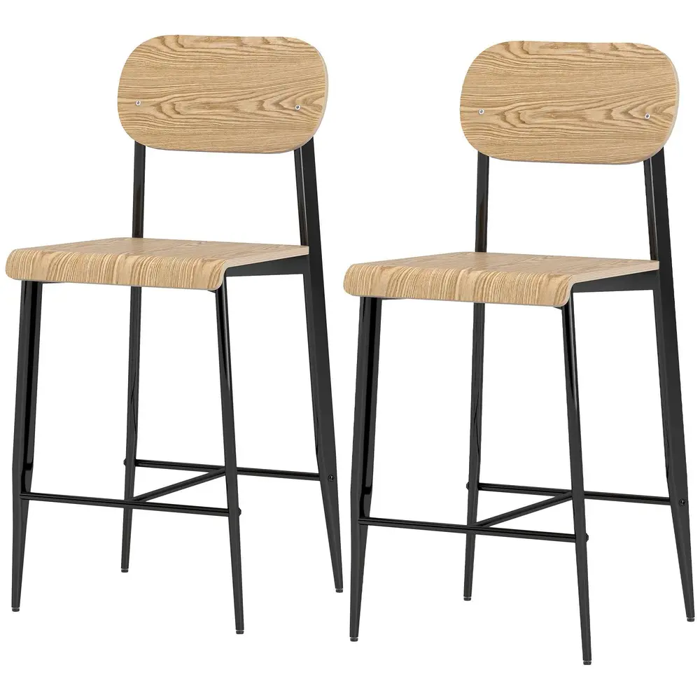 Set 2 Barstolar med Ryggstöd och Metallram i Trä, Natur