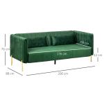 3-sits Soffa med 2 Kuddar, Sammetslook, Retrodesign, Avtagbart Överdrag, Grön, 195 x 88 x 76 cm