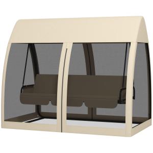 Hammock Trädgårdsgunga 3-Sits 2-i-1 Kaffe Brun av Tyg och Metall för Trädgård och Terrass Gunga med Myggnät 300 kg 240 x 140 x 197 cm