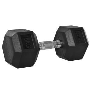 Hexagon Hantel i Gjutjärn, Gummerad Vikt med Räfflat Grepp, Ergonomisk Hantel för Styrketräning och Fitness, Svart, 1 x 15 kg