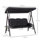 3-Sitsig Hammock med Soltak, Bekväm Trädgårdsgunga i Metall med Dynor, Väderbeständig Hängsoffa, Svart, 116 x 206 x 183 cm