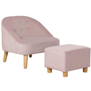 Barnfåtölj med Fotpall i Sammet, Bekväm Minisoffa för Barn, Ergonomisk Sittplats med Träben, Rosa, 51 x 51 x 50 cm