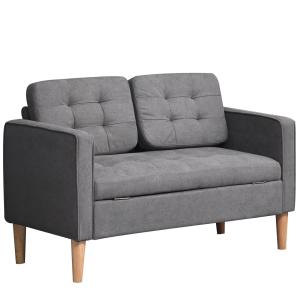 2-Sitsig Soffa i Linnetyg, Kompakt Tygsoffa med Träben, Bekväm Sittplats för Det Lilla Vardagsrummet, Grå, 117 x 62 x 78 cm