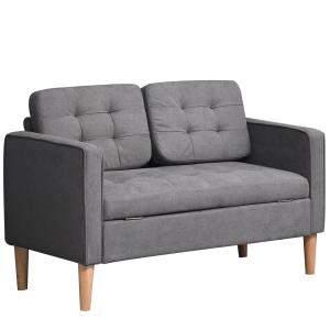 2-Sitsig Soffa i Linnetyg, Kompakt Tygsoffa med Träben, Bekväm Sittplats för Det Lilla Vardagsrummet, Grå, 117 x 62 x 78 cm