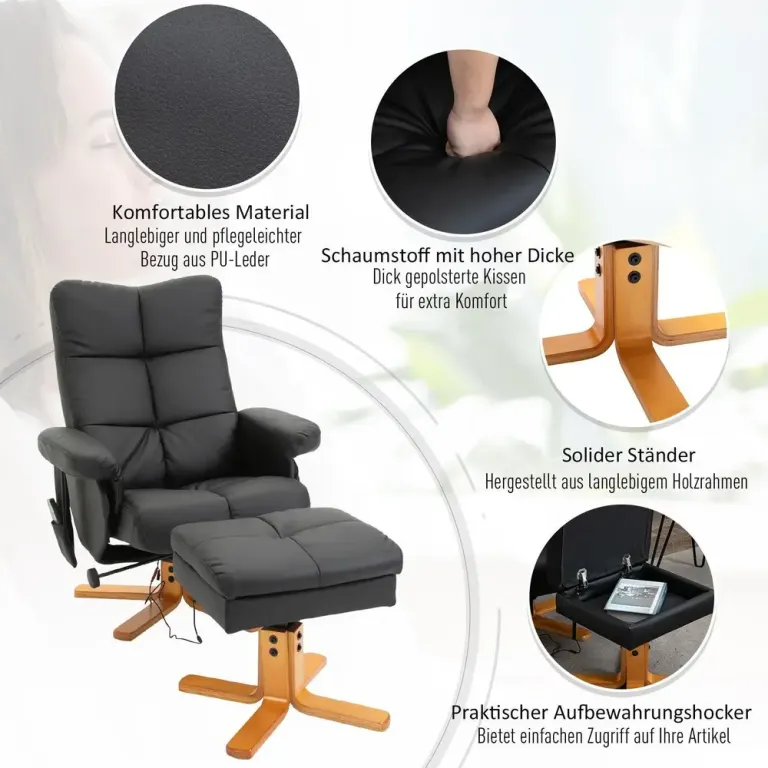 Massagestol med Fotpall och Värme Svart Konstläder