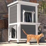 Katthus Kattgrotta Grå Vit av Trä för Utomhusbruk 2-Vånings Väderbeständigt Hus med Tak och Balkong 60 x 60 x 81,5 cm
