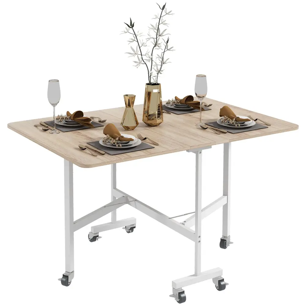 Matbord Köksbord Ek av Trä och Stål Fällbart med Hjul
