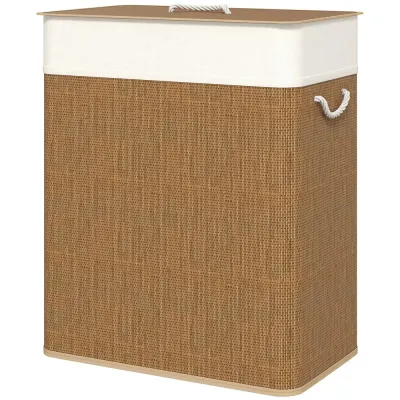 Bambu Tvättkorg med Lock 2 Fack 100 l med Rephandtag, Brun