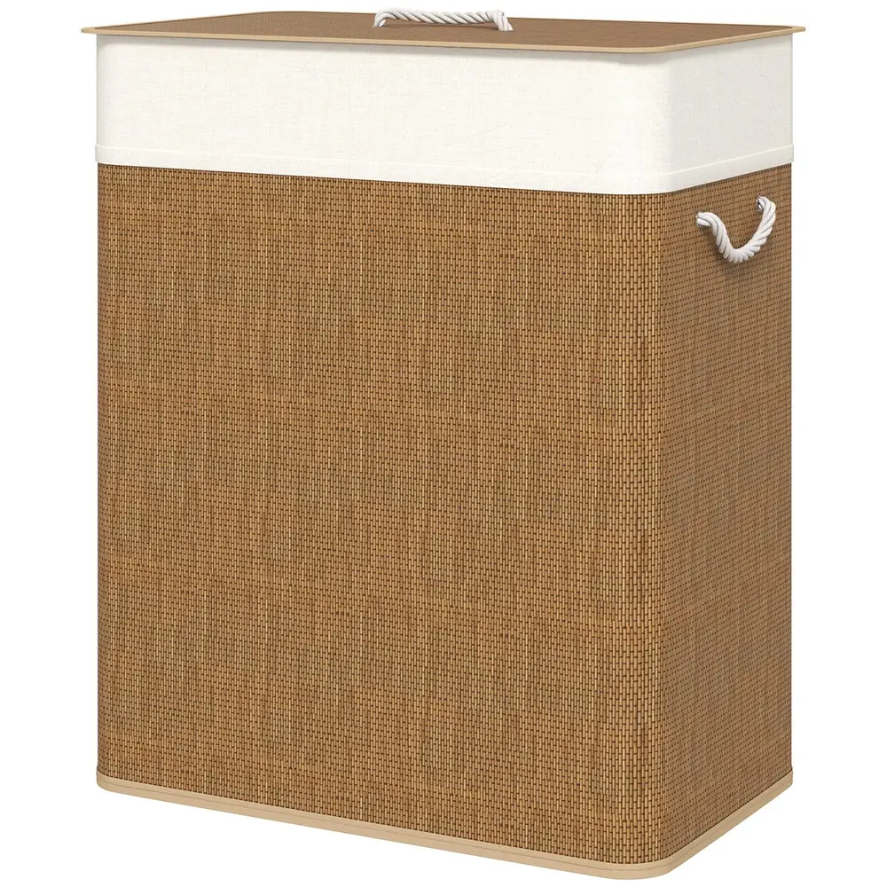 Bambu Tvättkorg med Lock 2 Fack 100 l med Rephandtag, Brun