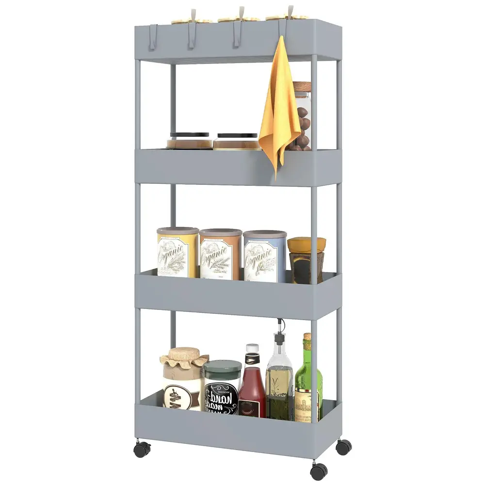 Köksvagn 4 Hyllor 4 Flexibla Krokar 4 40x19x90 cm, Grå