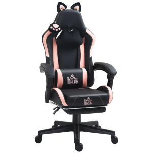 Gamingstol med Kattöron och Utdragbart Fotstöd samt Lutningsbart Ryggstöd för Spel Ergonomisk Rosa och Svart Tyg 120 kg