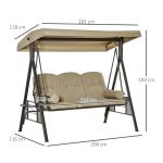 3-Sitsig Hammock med Soltak, Bekväm Trädgårdsgunga i Metall med Dynor, Väderbeständig Hängsoffa, Khaki, 116 x 206 x 183 cm