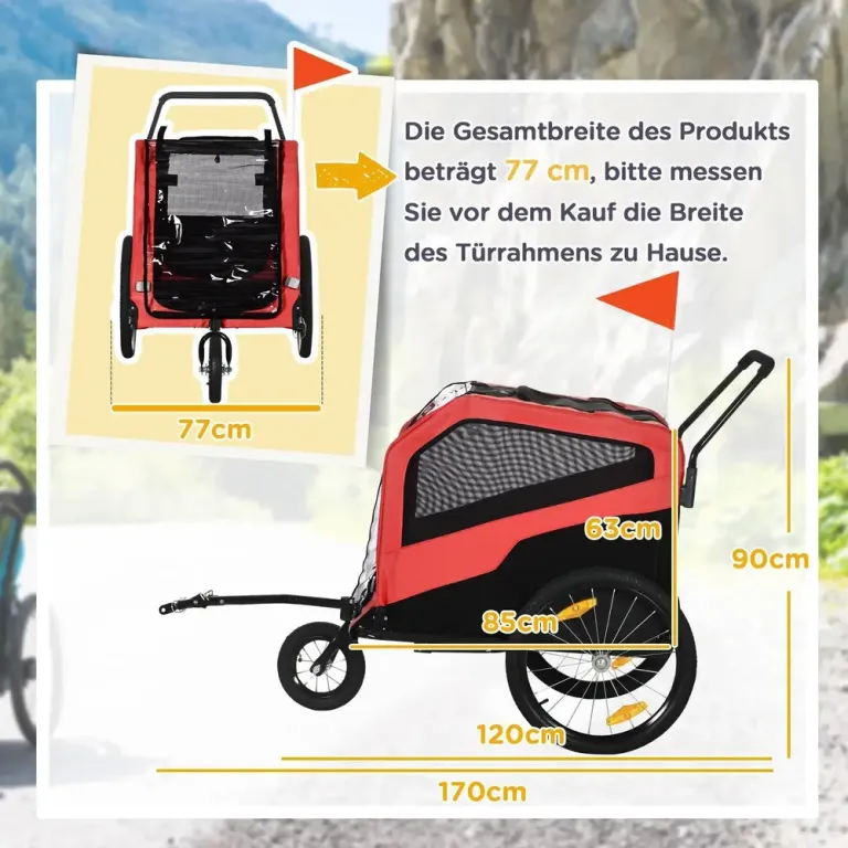 Cykelvagn för Hund 2-i-1, Max 30 kg, Röd