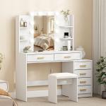 Sminkbord med Spegel och Belysning Vit MDF och Trä för Sovrum Sminkset med Pall och 6 Lådor Modern Design med Hyllor och Förvaring