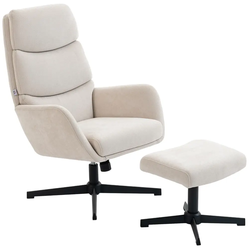 Fåtölj med Fotpall Beige Tyg och Metall Loungestol med Högt