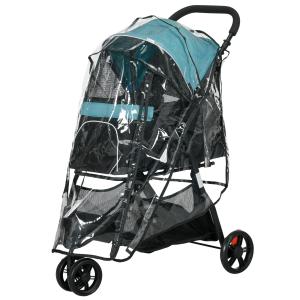 Hundbuggy upp till 10 kg, Vikbart Säkerhetskoppel, Regnskydd, Förvaringskorg, Blå + Svart
