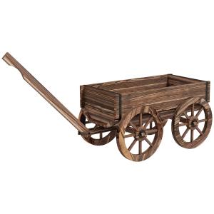 Blomlåda Trävagn Förkolnad av Trä för Trädgård och Uteplats Växtvagn med Handtag Dekorativ Design Lastkapacitet 30 kg