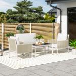 Trädgårdsmöbelset i Polyrattan Loungeset med 2-sits Soffa, Fåtölj och Glasbord för 4, Brun+Grå