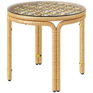 Runt Sidobord i Polyrattan, Soffbord med Glasbordsskiva, Gul, Ø50 cm