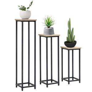 Blomställ i Metall 3-Pack, Dekorativa Växtställ för Krukor, Eleganta Blompallar för Inomhus och Utomhus, Svart/Natur