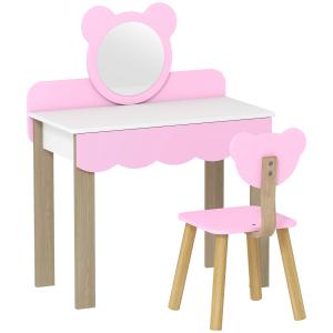Sminkbordsset med Pall för Barn, Sminkspegel och Björnform med Låda i MDF, Rosa