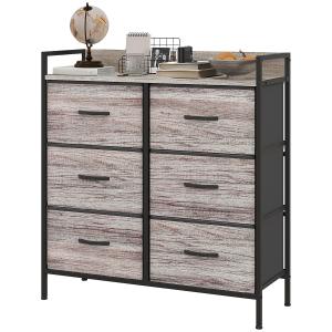 Byrå Förvaringsskåp med 6 Lådor Grå av Tyg ve Stål för Vardagsrum ve Sovrum Skänk i Industriell Design med Trälook