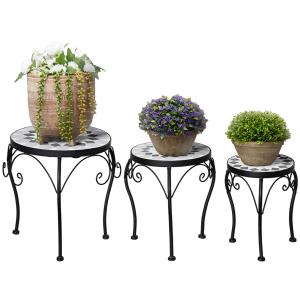 Blomställ i Metall 3-Pack, Dekorativa Växtställ med Mosaikplattor, Eleganta Blompallar för Trädgård och Balkong, Svart/Vit