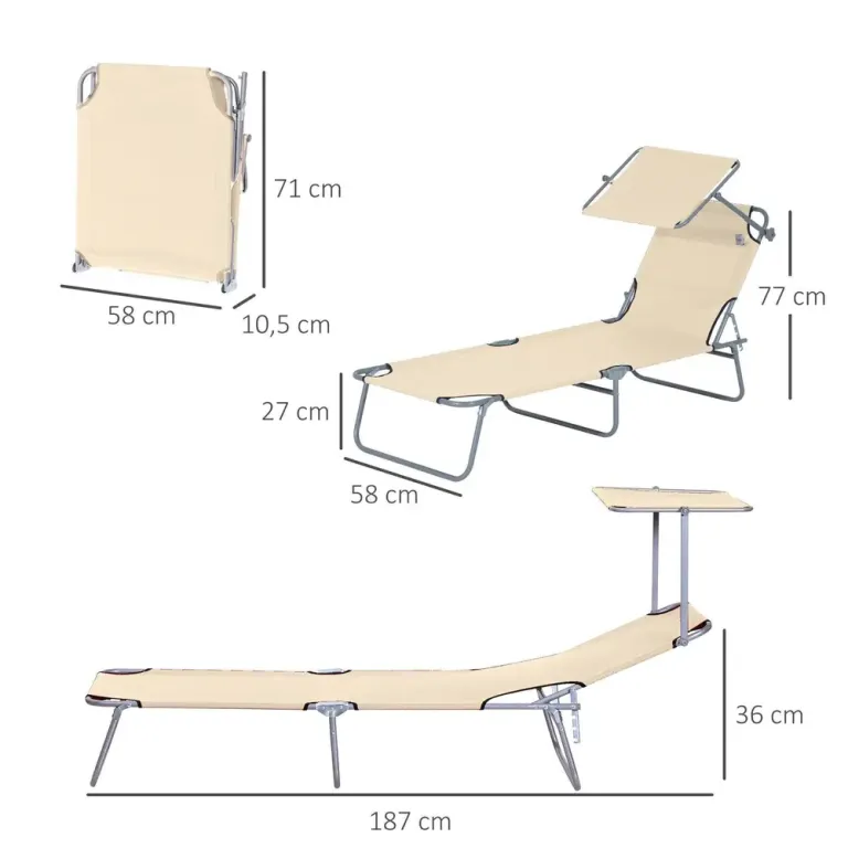 Hopfällbar Solsäng med Soltak Strandstol 187 x 58 x 36 cm