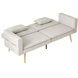 Bäddsoffa 2-Sits Soffa med Justerbart Ryggstöd Beige av Tyg för Vardagsrum och Sovrum Vadderad Soffa med Sovfunktion och Sidoficka