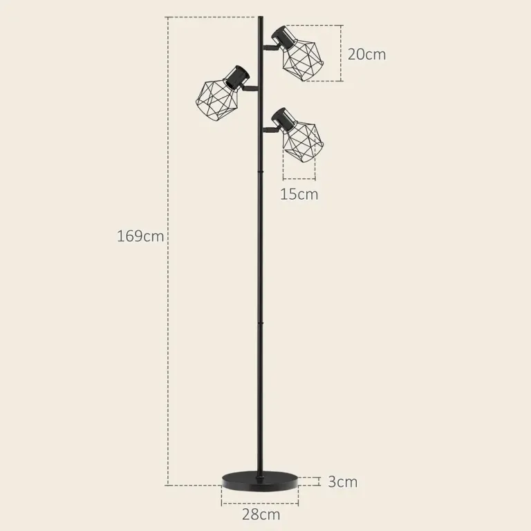 Golvlampa med 3 Flexibla Lamphuvuden och Fotbrytare, Svart